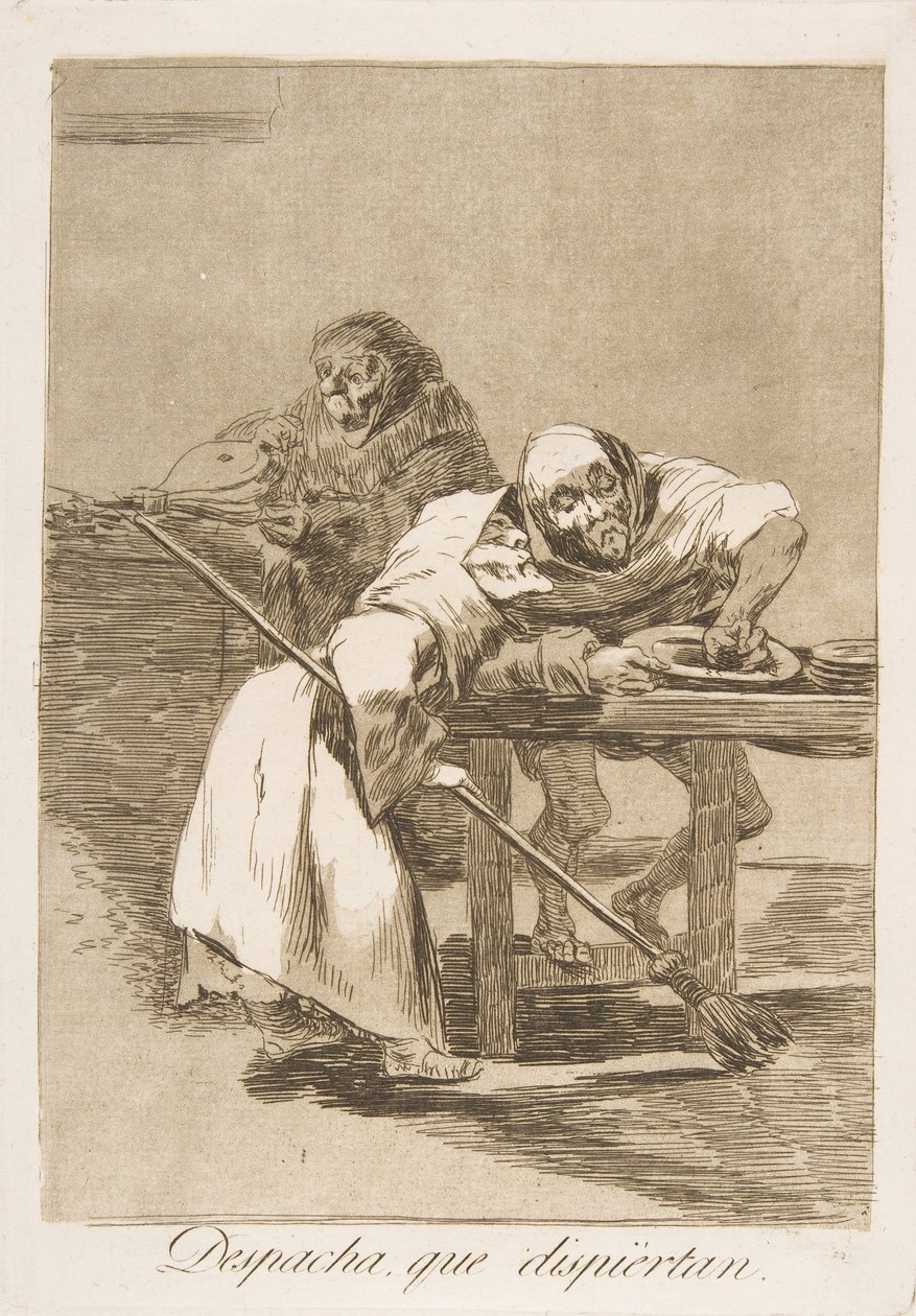 Talíř 78 z Los Caprichos: Pospěšte si, probouzí se Despacha, que dispiértan., 1799. od Francisco de Goya
