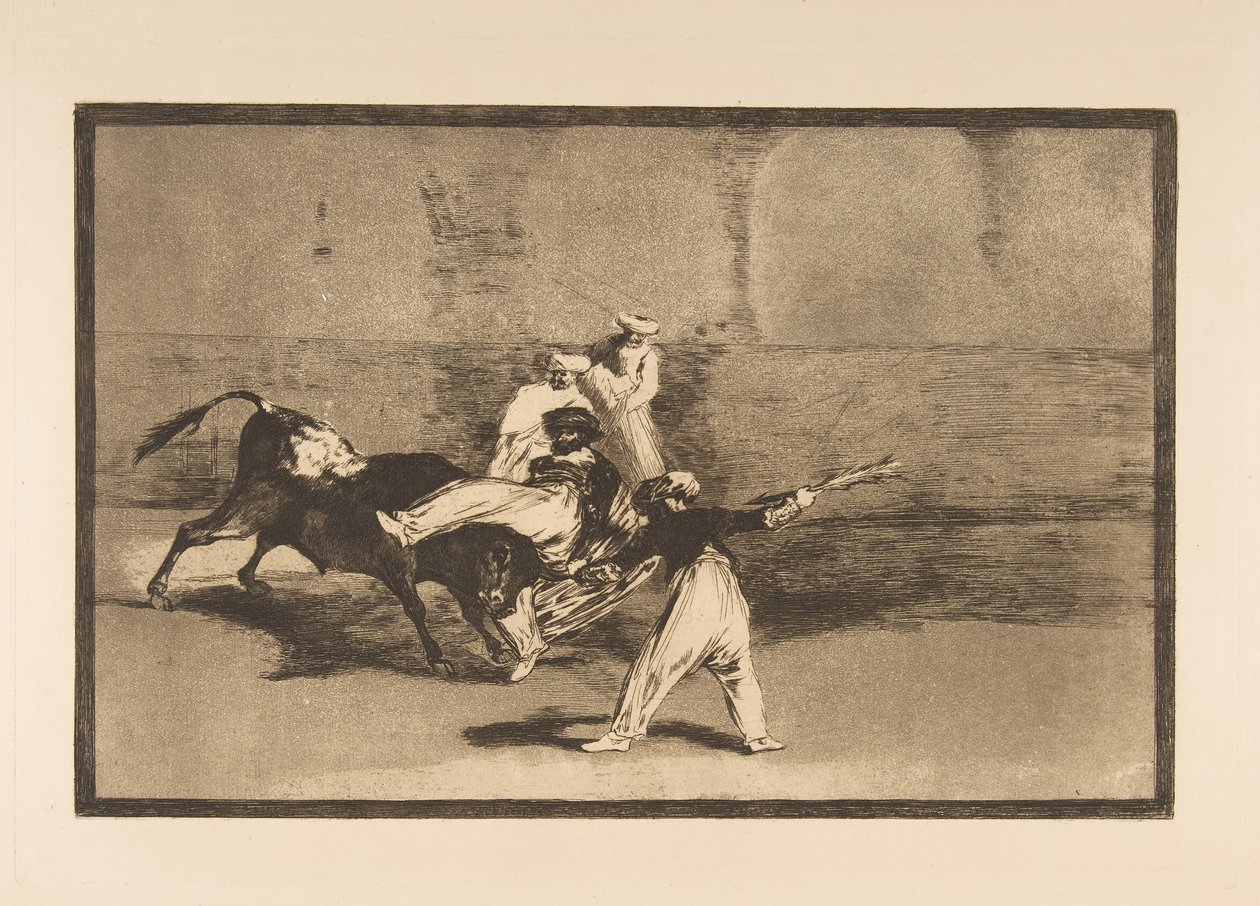 Deska 8 z Tauromaquia: Moor chycený býkem v kruhu, ca. 1816. od Francisco de Goya