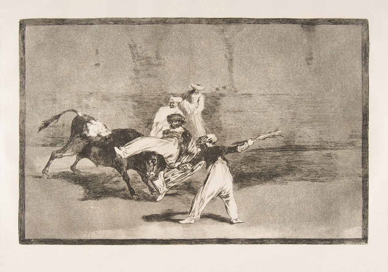 Talíř 8 z Tauromaquia: Maur chycený býkem v kruhu, 1816. od Francisco de Goya
