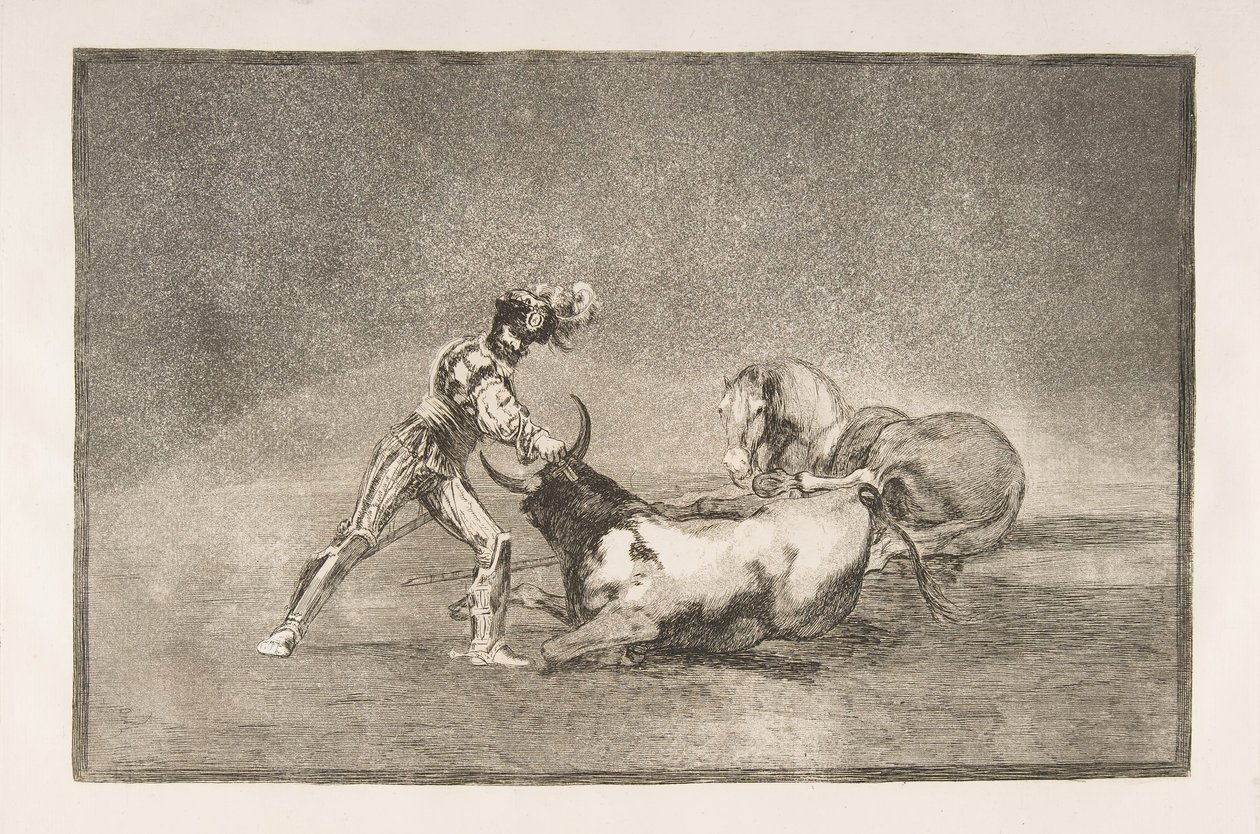 Talíř 9 Tauromaquia: Španělský rytíř zabije býka poté, co ztratil koně., 1816. od Francisco de Goya