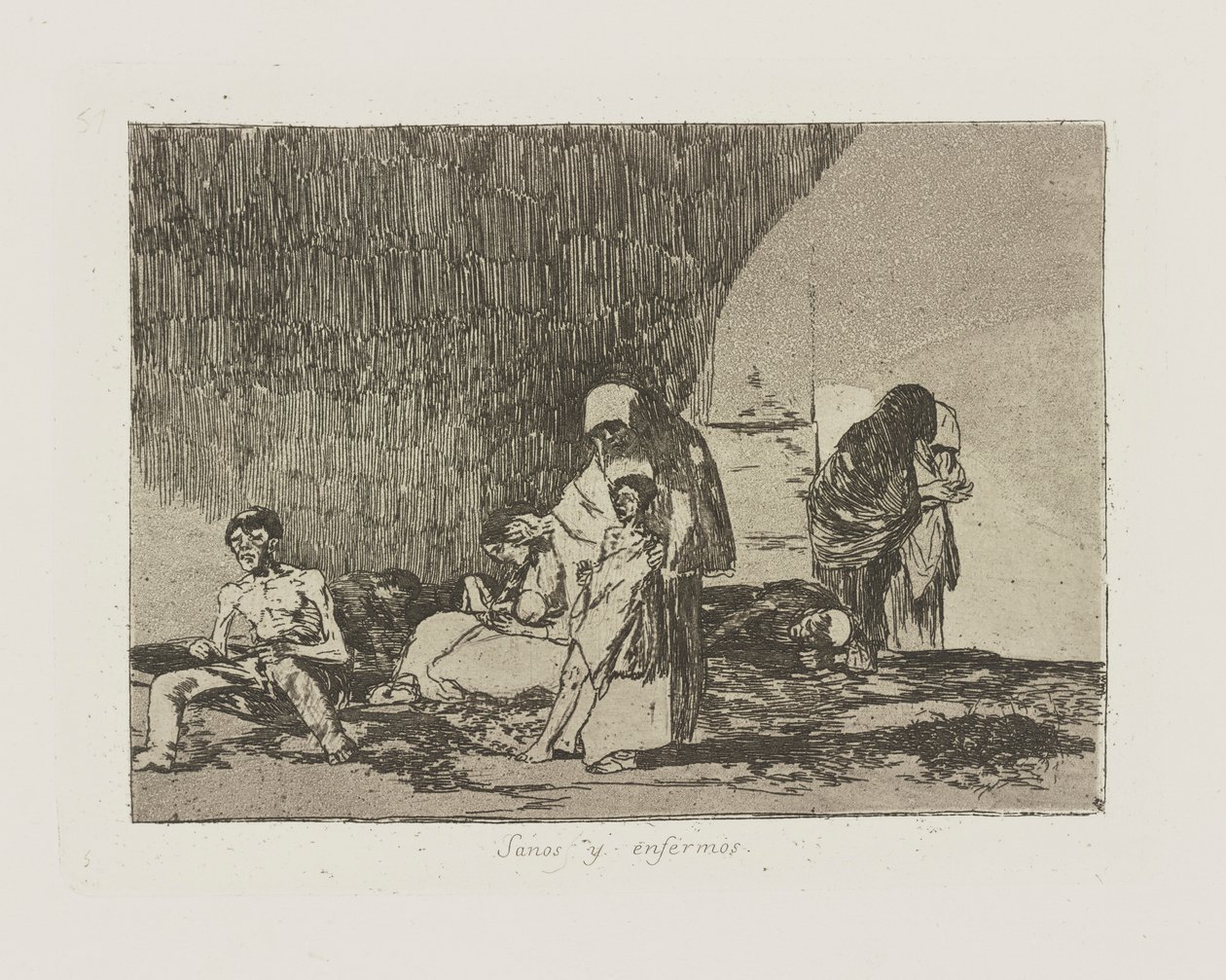 Zdravý i nemocný. (Zdraví a nemocní.), pl. 57 ze série The Disasters of War od Francisco de Goya