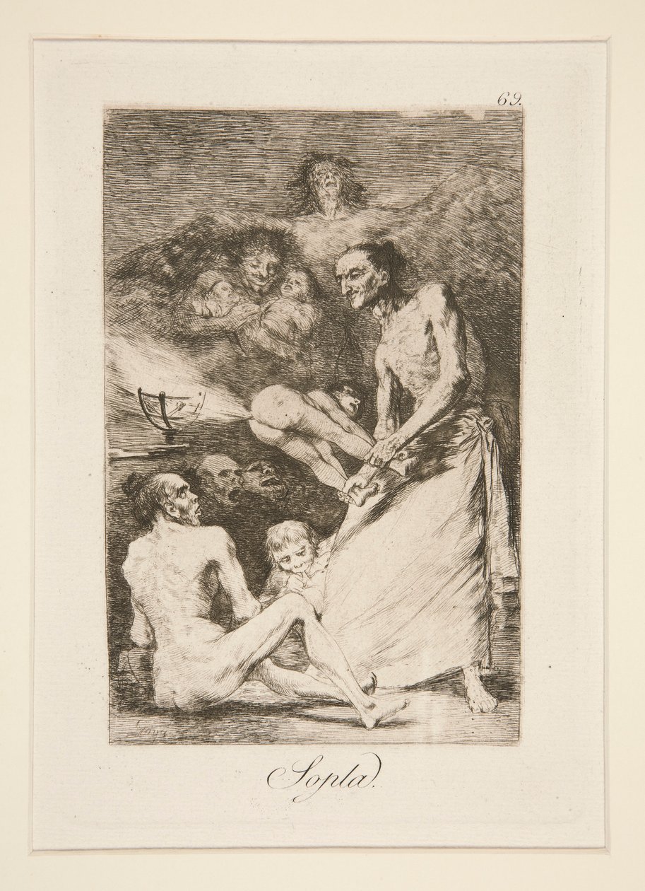 Sopla (Blow), pl. 69 ze série Los caprichos od Francisco de Goya
