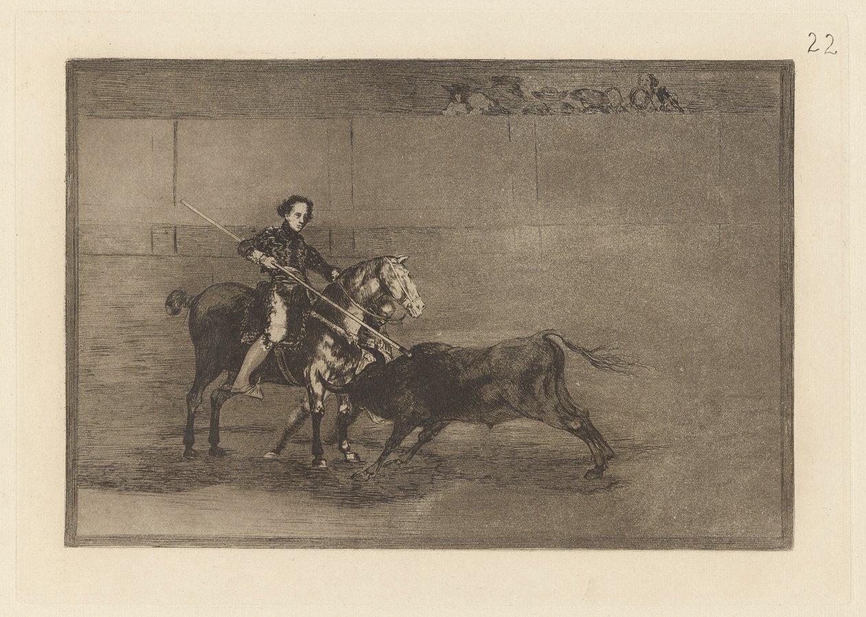 Valor manil de la c?lebre Pajuelera en la de Zaragoza (Mužská odvaha oslavované Pajuelery v [kruhu] v Zaragoze), deska 22 z La tauromaquia od Francisco de Goya