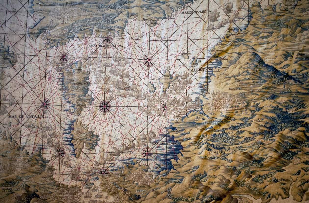 Mapa Středozemního moře - Detail dobývání Tunisu (Tunisko) - Tapiserie od Francisca a Cornelia Van der Ggot (18. století), vetkaná do královské továrny na gobelíny, polovina 18. století, podle gobelínu ze 16. století od Willema de Pannema od Francisco Ignacio Vandergoten Canyuwell