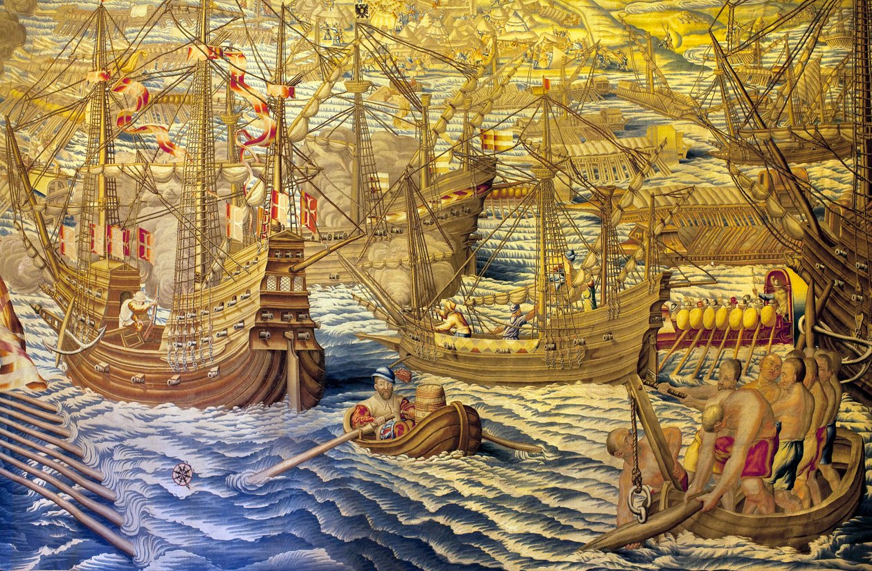 Lodě a korba - Detail conquete z Tunisu (Tunisko) - Gobelín od Francisca a Cornelia Van der Ggot (18. století), vetkaný do královské továrny na gobelín, polovina 18. století, po gobelínu ze 16. století Willem de Pannemaker - (Tun od Francisco Ignacio Vandergoten Canyuwell