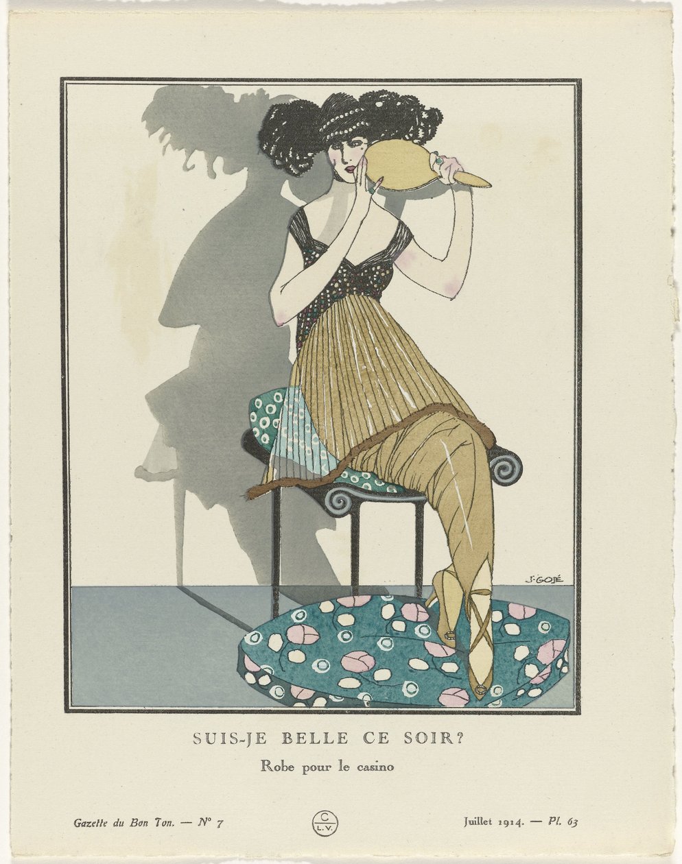 Gazette du Bon Ton. Umění – Režimy a lehkomyslnosti: Umělci Gazette du Bon Ton, 1914, č. 7, Pl. 63: Jsem dnes večer krásný? / Šaty do kasina (název na předmětu) od Francisco Javier Gosé