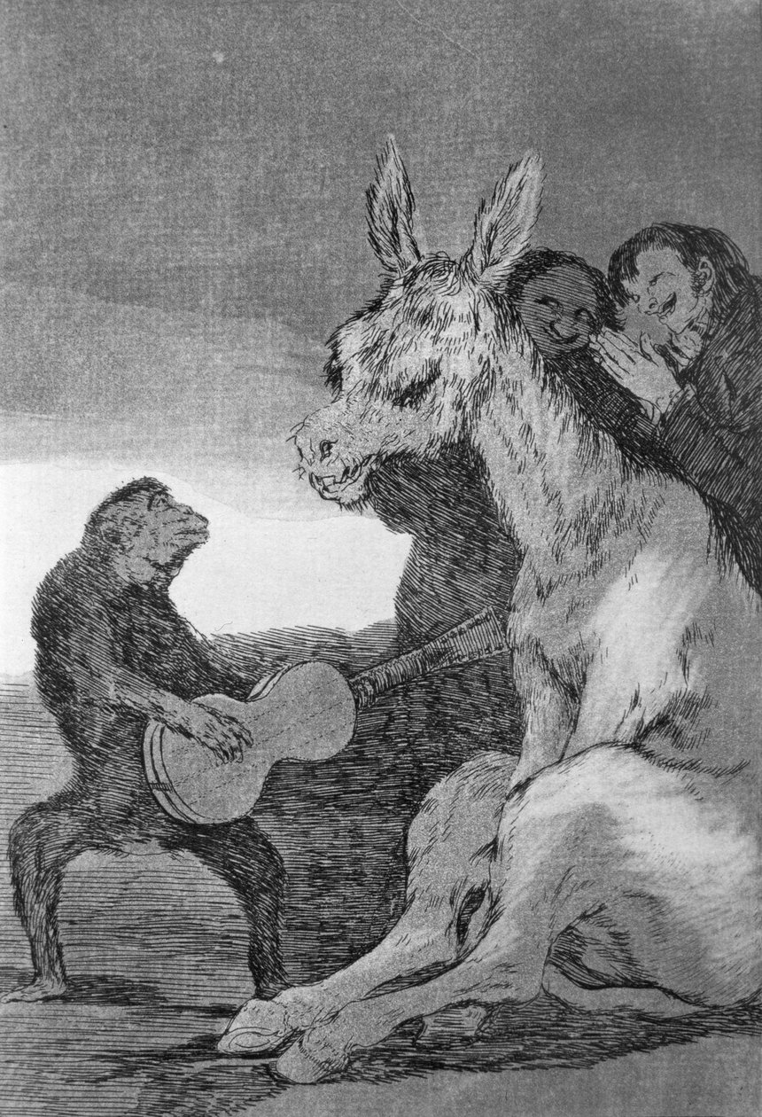193-0082138 Bravo!, karikatura hudebních večerů pořádaných španělským premiérem Manuelem de Godoy (1767-1851) pro španělského krále Karla IV. (1748-1819), deska 38 „Los caprichos“ od Francisco Jose de Goya y Lucientes