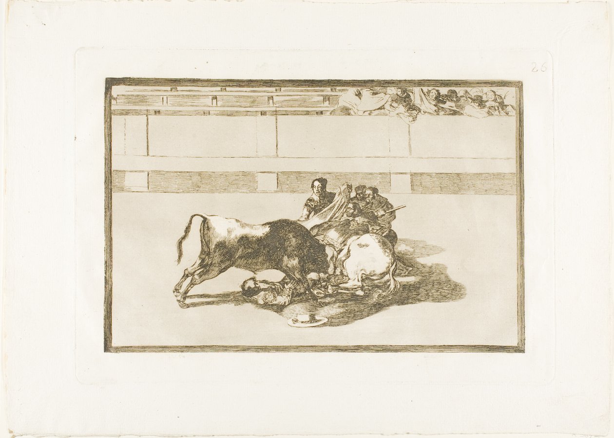 Picador is Unhorsed and Falls under the Bull, deska 26 z The Art of Bullfighting od Francisco Jose de Goya y Lucientes