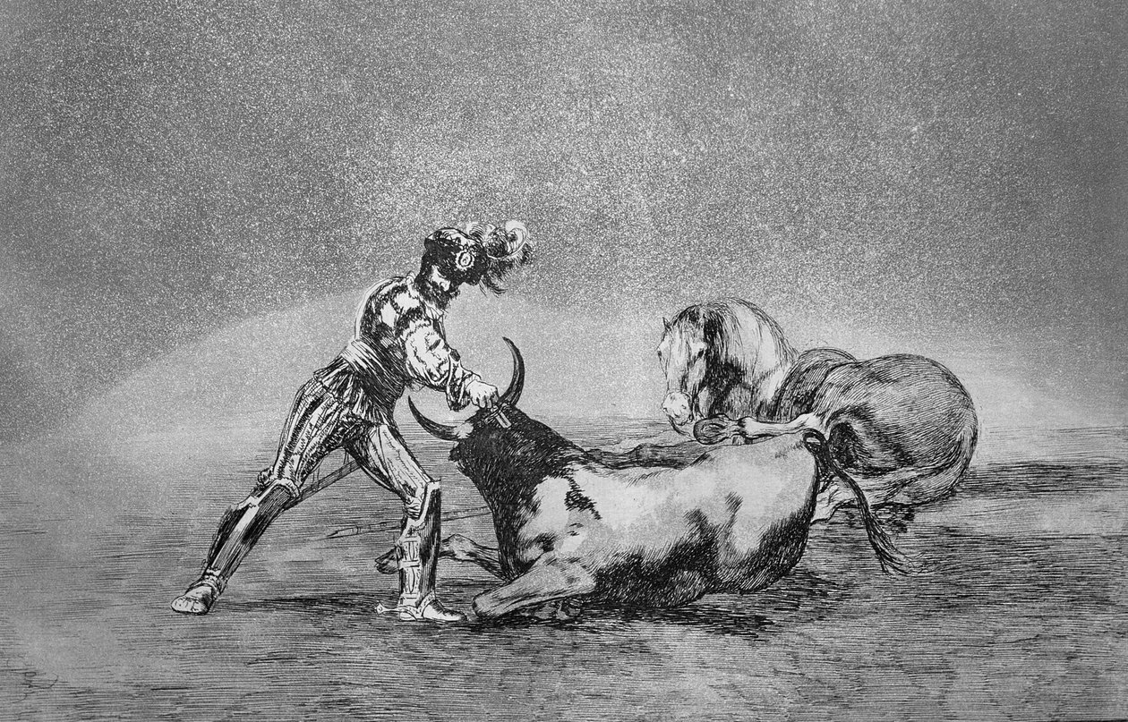 Španělský rytíř zabije býka poté, co přišel o koně, deska 9 v hospodě „Umění býčích zápasů“. 1816 (lept) od Francisco Jose de Goya y Lucientes