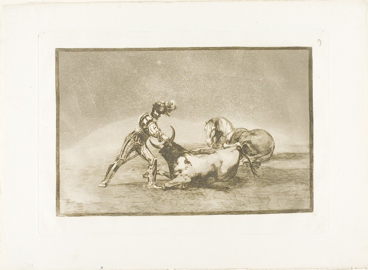 Španělský rytíř zabije býka poté, co ztratil svého koně, talíř devět z Umění býčích zápasů od Francisco Jose de Goya y Lucientes