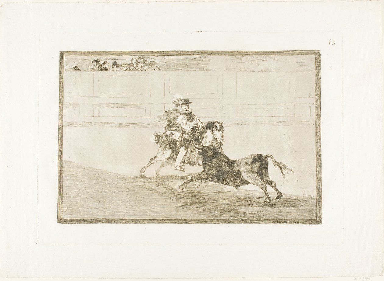 Španělský jízdní rytíř v ringu lámající krátká kopí bez pomoci asistentů, deska 13 z The Art of Bullfighting od Francisco Jose de Goya y Lucientes
