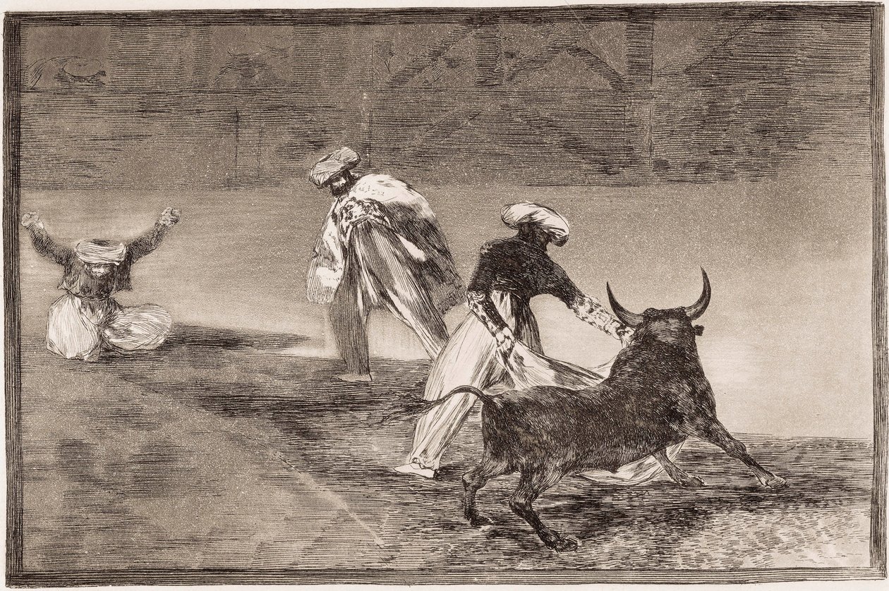 Býčí zápasy: Moors hraje mys s jiným býkem v ohradě od Francisco de Goya