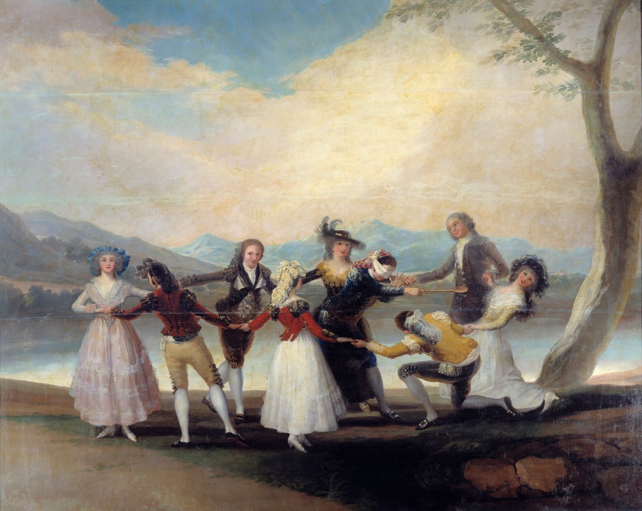 Colin Maillard (Colin-Maillard) hra na slepou slepici. Mladí lidé tančí kolem toho, kdo má pruhované oči. Obraz Francisco De Goya (1746-1828) od Francisco de Goya