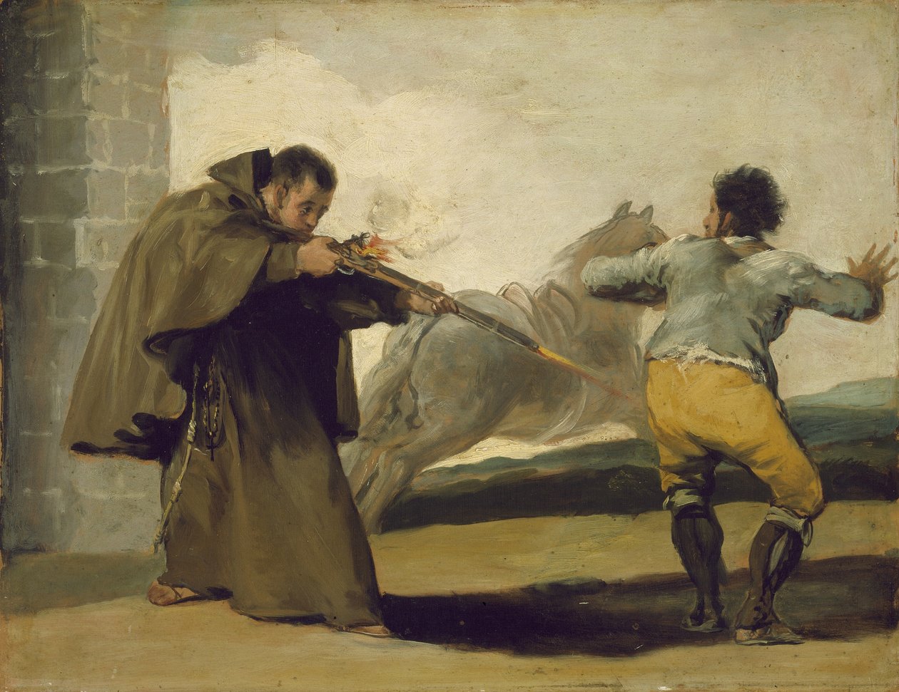 Friar Pedro střílí El Maragato, když jeho kůň utíká, kolem roku 1806 od Francisco de Goya