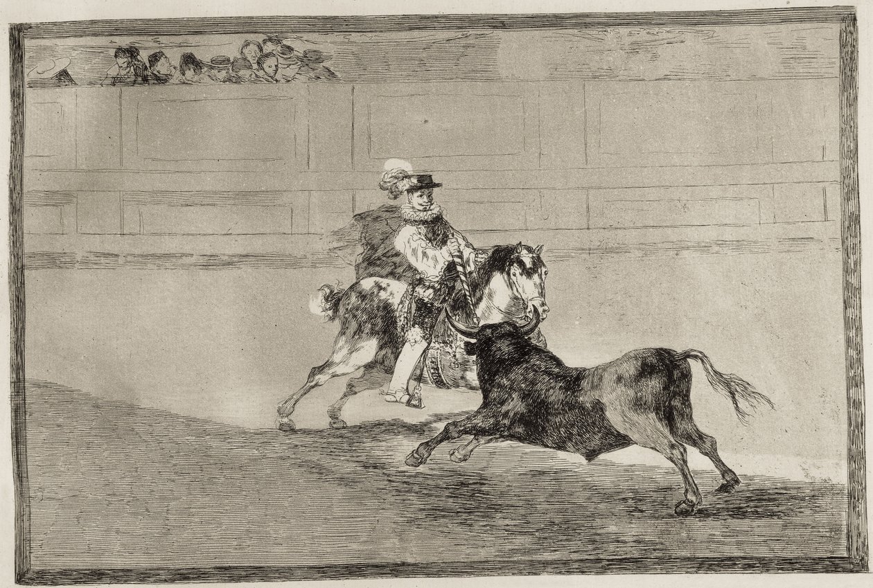GOYA Y LUCIENTES, Francisco de (1746-1828). Španělský jízdní rytíř v ringu lámající krátké oštěpy bez pomoci asistentů. 1816. Lept. ŠPANĚLSKO. MADRID (AUTONOMNÍ KOMUNITA). Madrid. Národní knihovna od Francisco Jose de Goya y Lucientes
