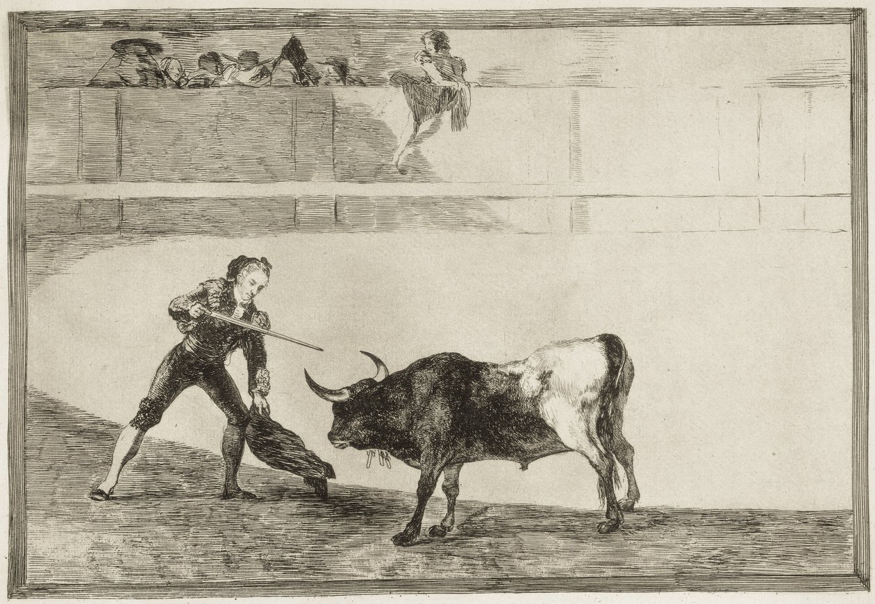 GOYA Y LUCIENTES, Francisco de (1746-1828). Pedro Romero tappaa pysähtyneen härän. 1816. (25,1 x 35,9 cm). ROMERO, Pedro (1754-1839). Espanjalainen härkätaistelija. Levy 30 "Härkätaistelun taito". Etsaus. ESPANJA. MADRID (AUTONOMOUS YHTEISÖ). Madrid. kansa od Francisco Jose de Goya y Lucientes