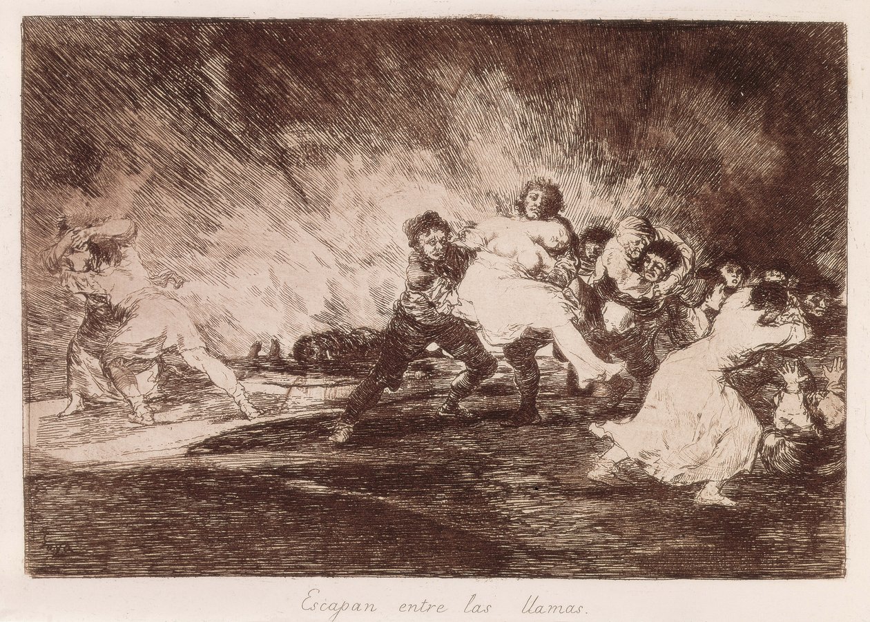 GOYA Y LUCIENTES, Francisco de (1746-1828). Uniknou skrz plameny. 1810-1812. (16,1 x 23,3 cm). Deska 47 „The Disasters of War“. Leptání. ŠPANĚLSKO. MADRID (AUTONOMNÍ KOMUNITA). Madrid. Národní knihovna od Francisco Jose de Goya y Lucientes