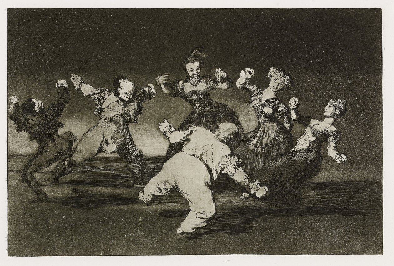 Merry folly (Disparate alegre), deska 12 z "Los Proverbios", kolem 1819-24 (lept, akvatinta, lavis, leštička, suchá jehla a rytina na papíře) od Francisco de Goya