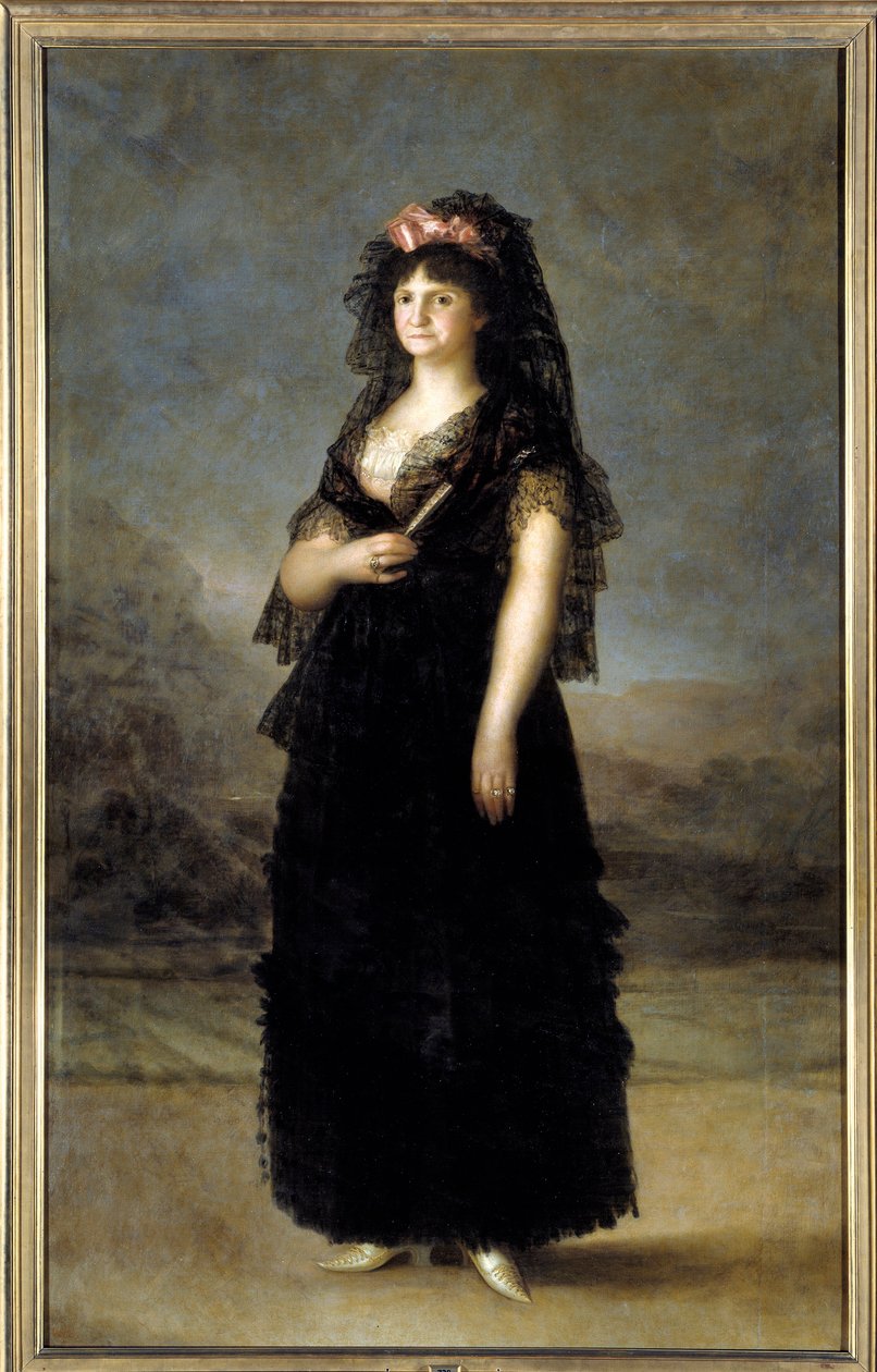 Portrét v nohou královny Španělska Marie Louise (1751-1819), manželka Karla IV. Obraz Francisco de Goya (1746-1828) Slunce 19. století. 2,08x1,27m - Madrid, Musee du Prado - Portrét královny Marie Luisy (1751-1819) v mantille - Malba od od Francisco de Goya