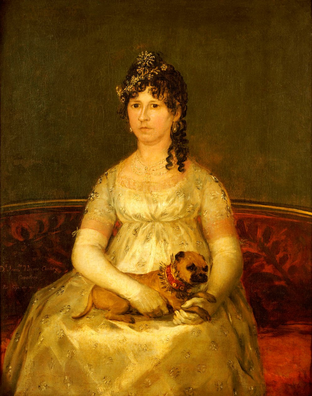 Portrét Dona Francisca Vicenta Chollet y Caballero, sedící, tříčtvrteční, se psem na klíně, 1806 od Francisco de Goya