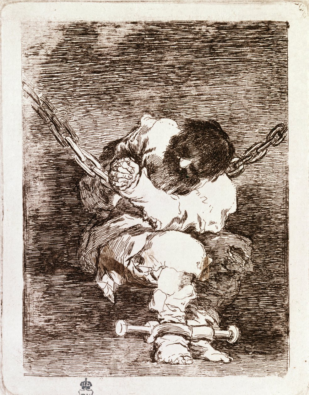 Vězně řetězové sezení - Bezpečnost je stejně barbarská jako zločin. (Rytina od Francisco de Goya