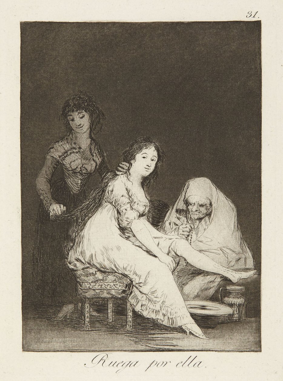 Modli se za ni (She prays for her), deska č. 31 ze sbírky Los Caprichos od Francisco Jose de Goya y Lucientes