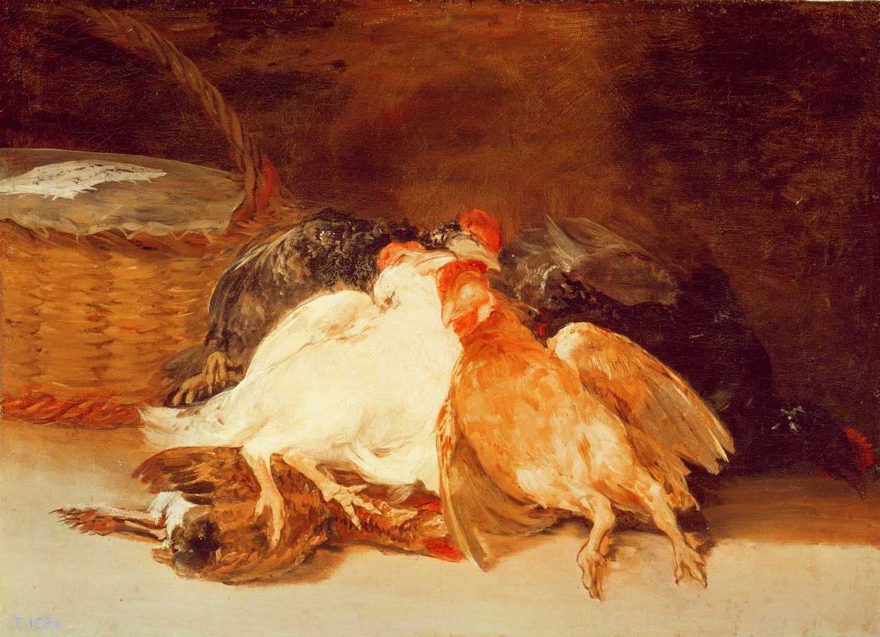 Zátiší s mrtvými kuřaty a proutěným košem (olej na plátně) od Francisco de Goya