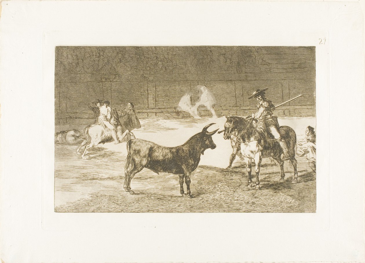 Slavný Picador, Fernando del Toro, kreslí divokou bestii se svým Piquem, deska 27 z The Art of Bullfighting od Francisco Jose de Goya y Lucientes