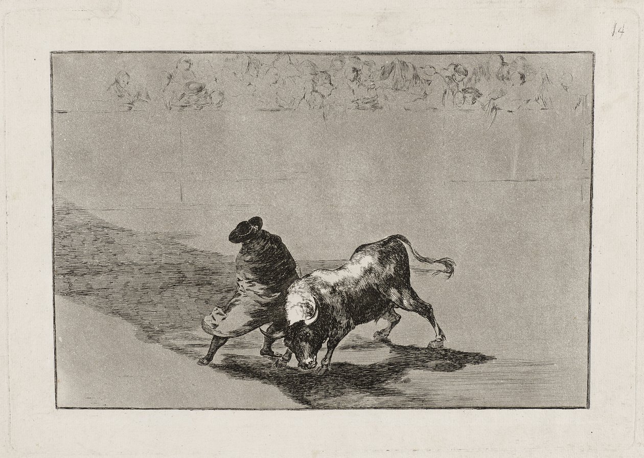 Chytrý „Student of Falces“ rozzuří býka tím, že se pohybuje zabalený ve svém plášti, talíř 14 od Francisco de Goya