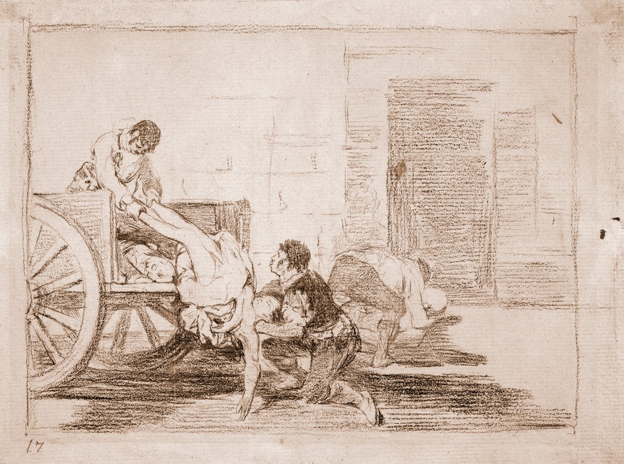 The Disasters of War: Carloads na hřbitov (přípravná kresba od Francisco de Goya