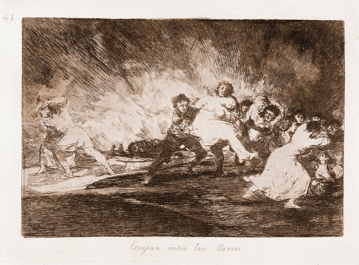 The Disasters of War: Uniknou skrz plameny (lept z kresby od Francisco de Goya