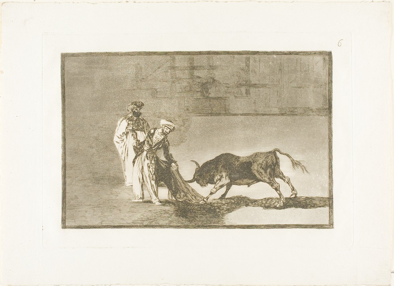 Maurové hrají v ringu jinou hru, když volají býka se svým spalujícím, šestým talířem z The Art of Bullfighting od Francisco Jose de Goya y Lucientes