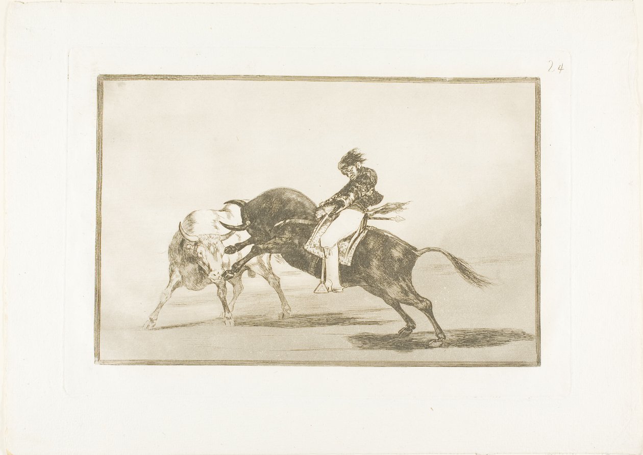 The Same Ceballos, Mounted on Another Bull, Breaks Short Spears in the Ring v Madridu, deska 24 z The Art of Bullfighting od Francisco Jose de Goya y Lucientes