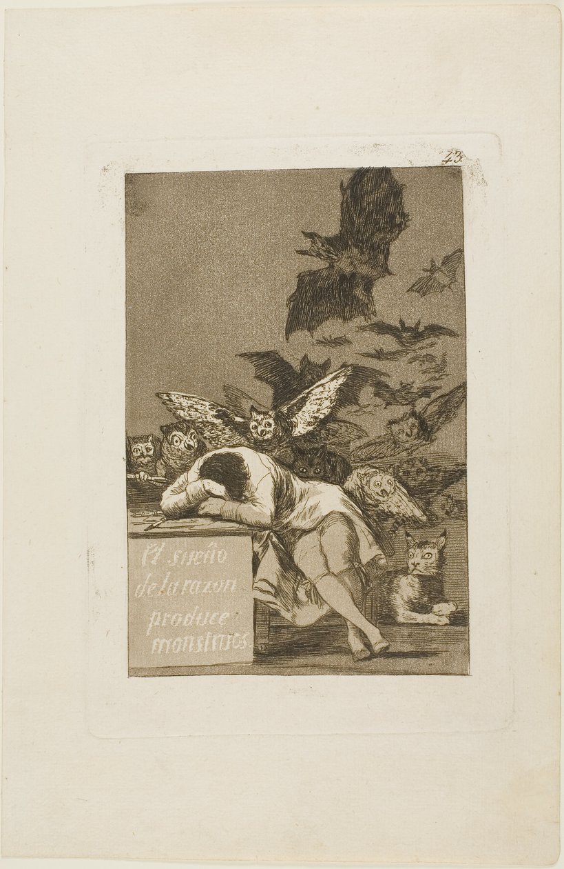 The Sleep of Reason Produkuje Monsters, deska 43 z Los Caprichos od Francisco Jose de Goya y Lucientes