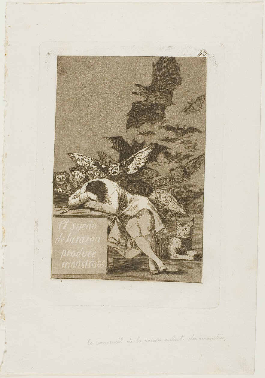 The Sleep of Reason Produkuje Monsters, deska 43 z Los Caprichos od Francisco Jose de Goya y Lucientes