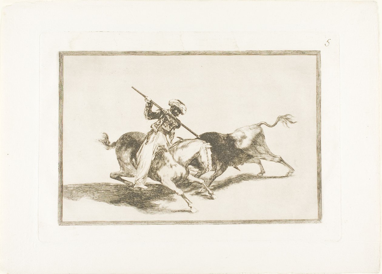 Spirited Moor Gazul je první, kdo kopí býky podle pravidel, deska 5 z Umění býčích zápasů od Francisco Jose de Goya y Lucientes