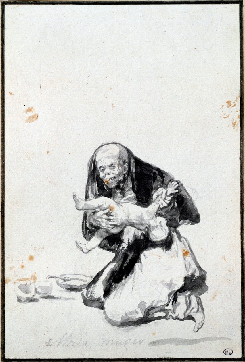 Špatná žena (Mala mujer). Ta zlá žena. Antropofágní scéna, čarodějnice požírá dítě. Gray wash od Francisco Goya y Lucientes (1746-1828) Sun. 0,21x0,14 m Paříž, musee du Louvre od Francisco de Goya