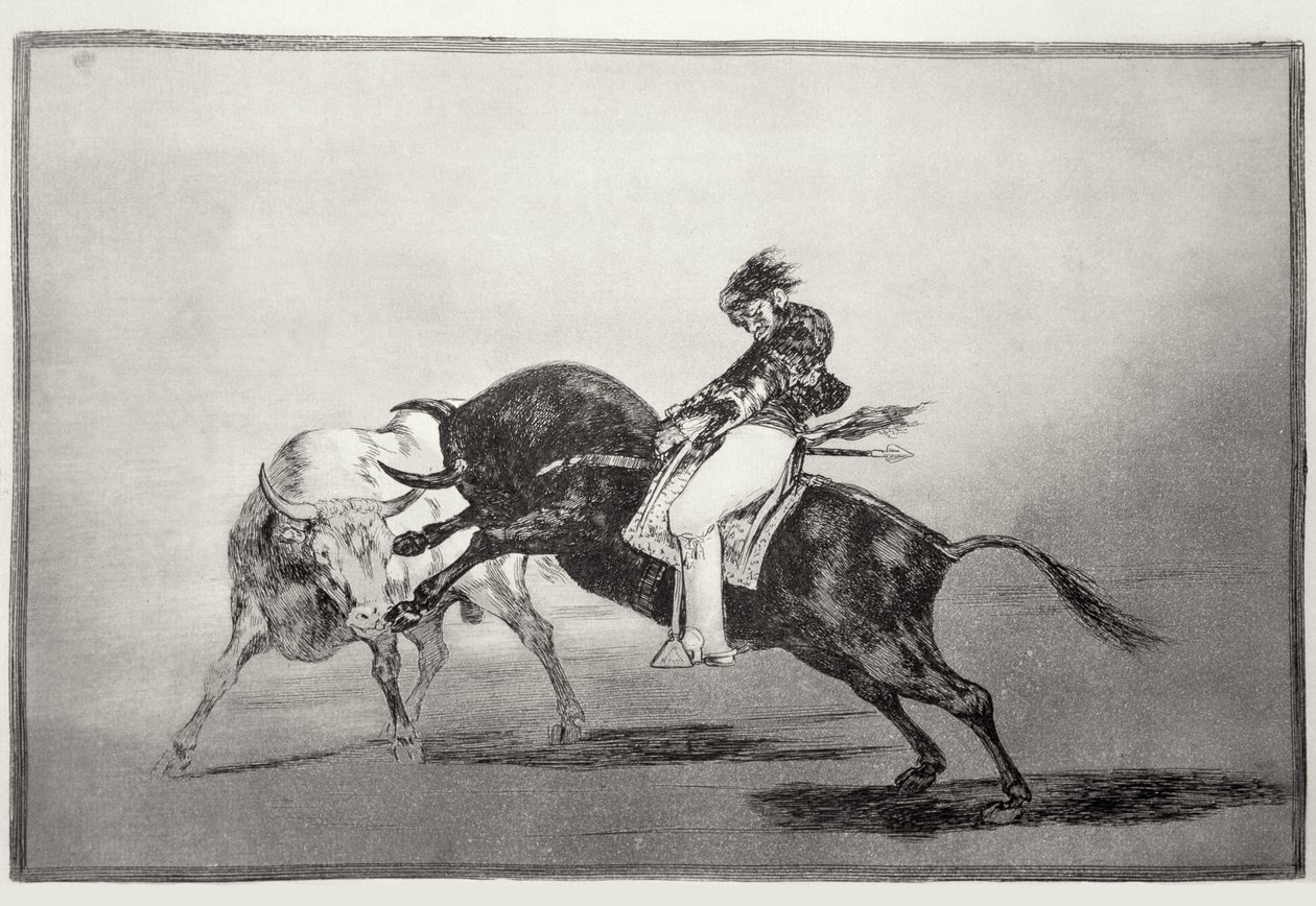 Tentýž Mariano Ceballos na býkovi láme krátké oštěpy v ringu v Madridu, deska 24 hospody „Umění býčích zápasů“. 1816 (lept) od Francisco Jose de Goya y Lucientes