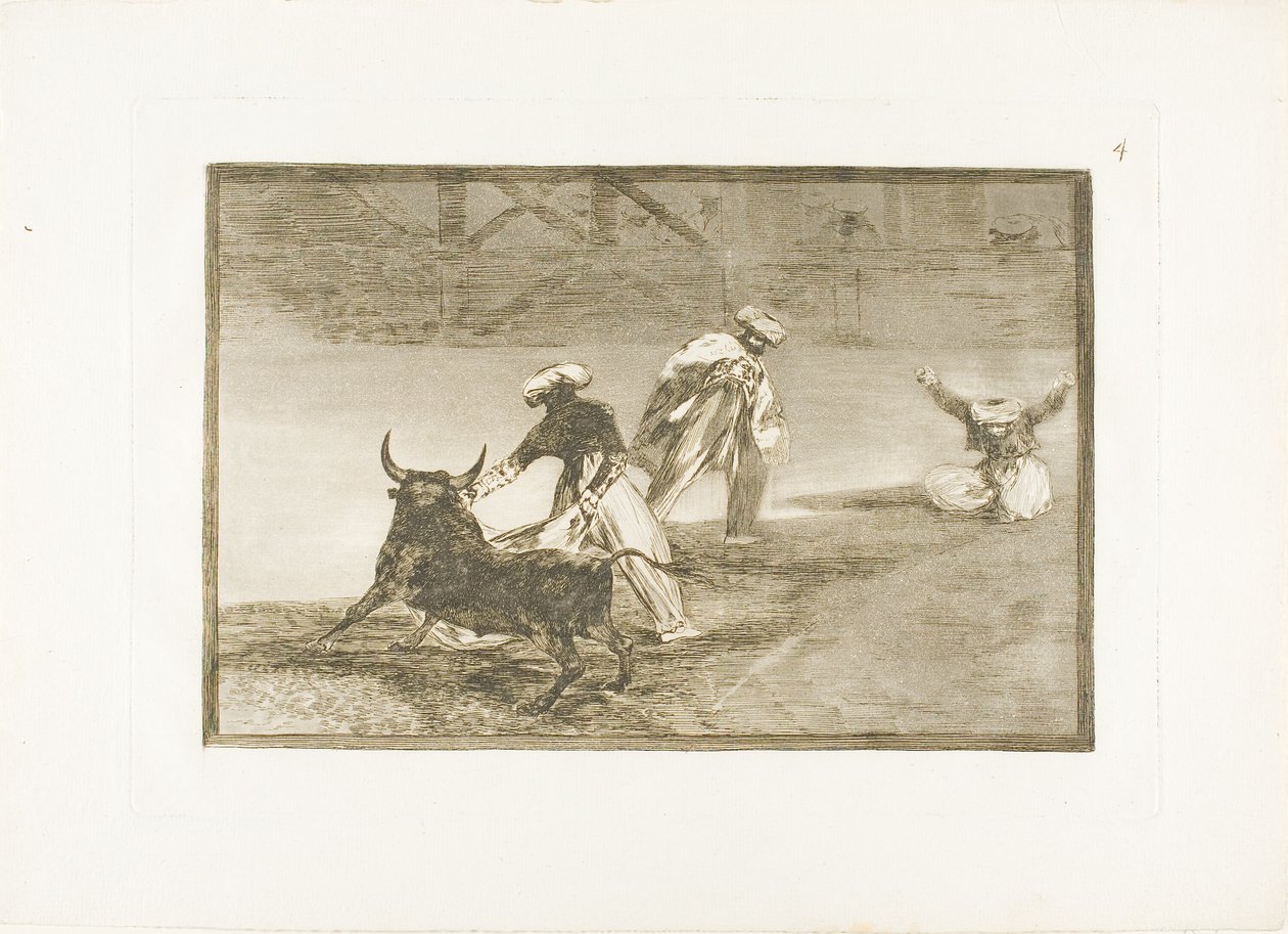 Hrají Another with the Cape in an Enclosure, deska čtyři z The Art of Bullfighting od Francisco Jose de Goya y Lucientes