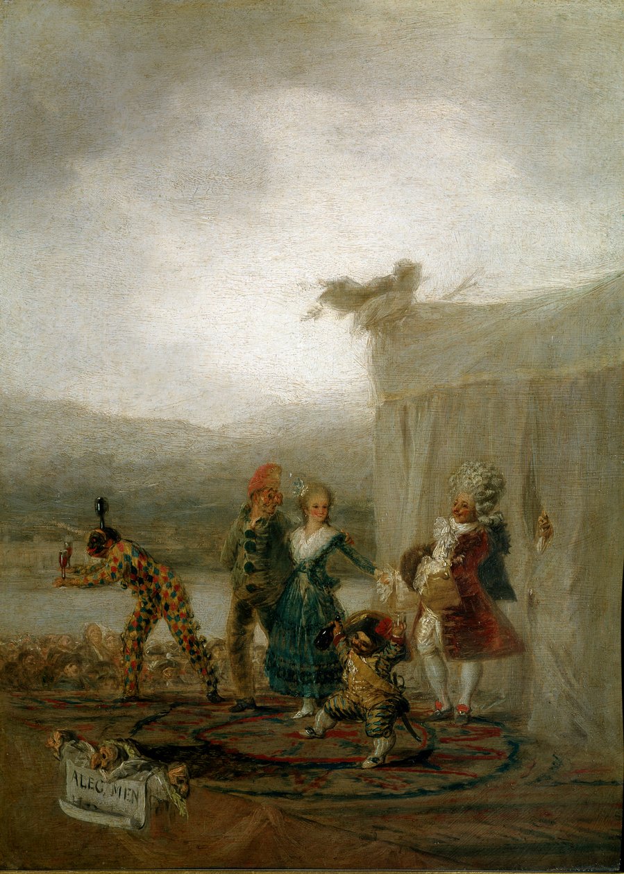 Cestující komičtí herci Postavy (včetně trpaslíka a harlekýna (Arlecchino, Harlekýn) inspirují Commedia dell