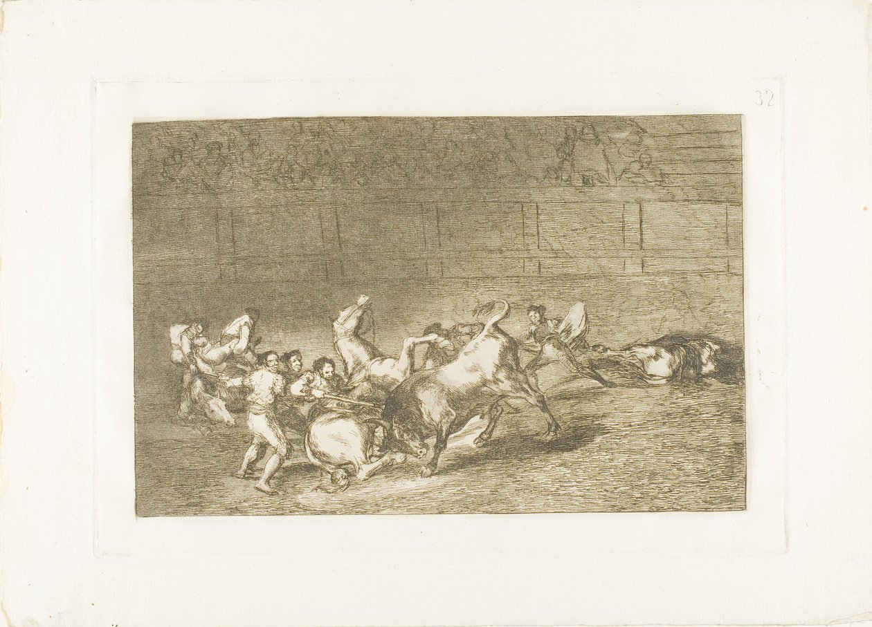 Dva týmy pikadorů vržené jeden po druhém jediným býkem, deska 32 z The Art of Bullfighting od Francisco Jose de Goya y Lucientes