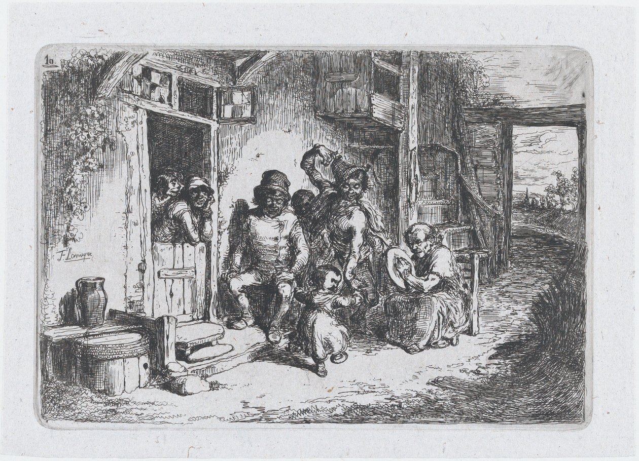 Talíř 10: dvě figury tančí, další sedící hraje na buben, ze série zvyků ..., 1850. od Francisco Lameyer Berenguer