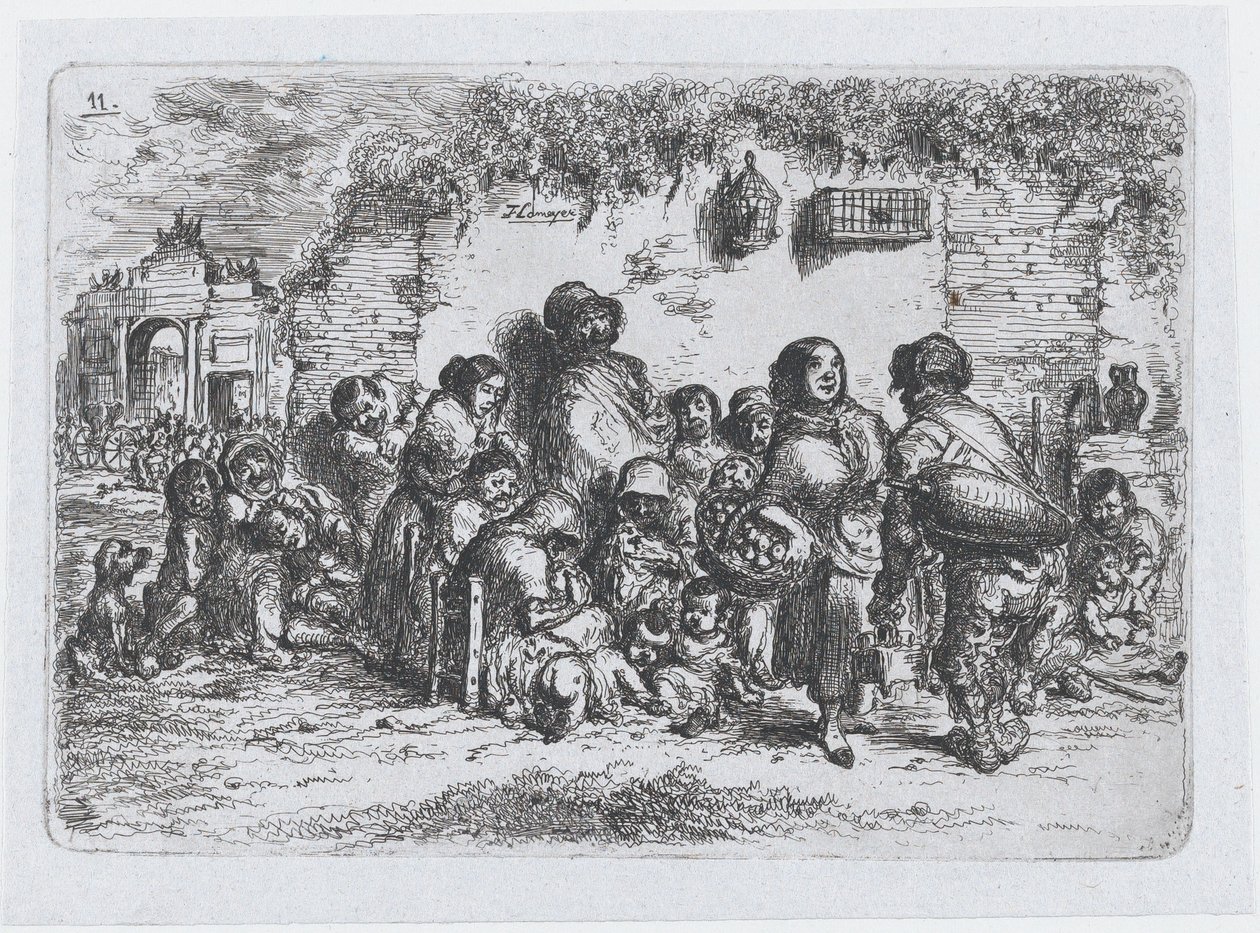 Deska 11: skupina lidí venku, ze série zvyků a zábav Španělů..., 1850. od Francisco Lameyer Berenguer