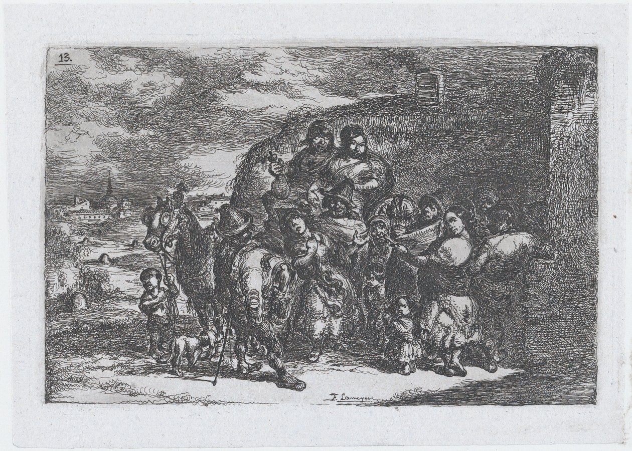 Deska 13: skupina lidí venku, včetně možná hudebníků, ze série cust..., 1850. od Francisco Lameyer Berenguer
