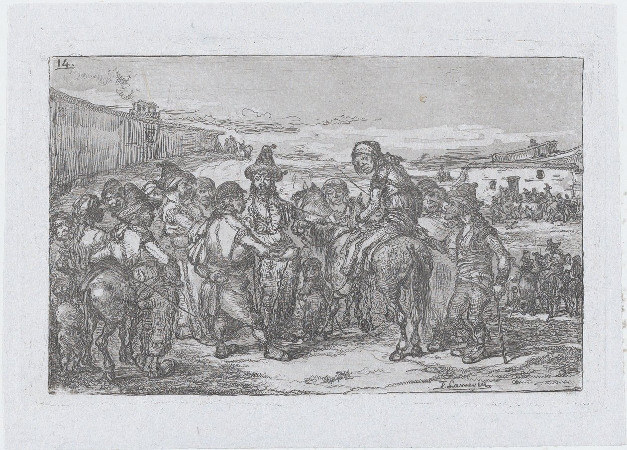 Talíř 14: velká skupina lidí venku, možná skupina herců, ze série o..., 1850. od Francisco Lameyer Berenguer