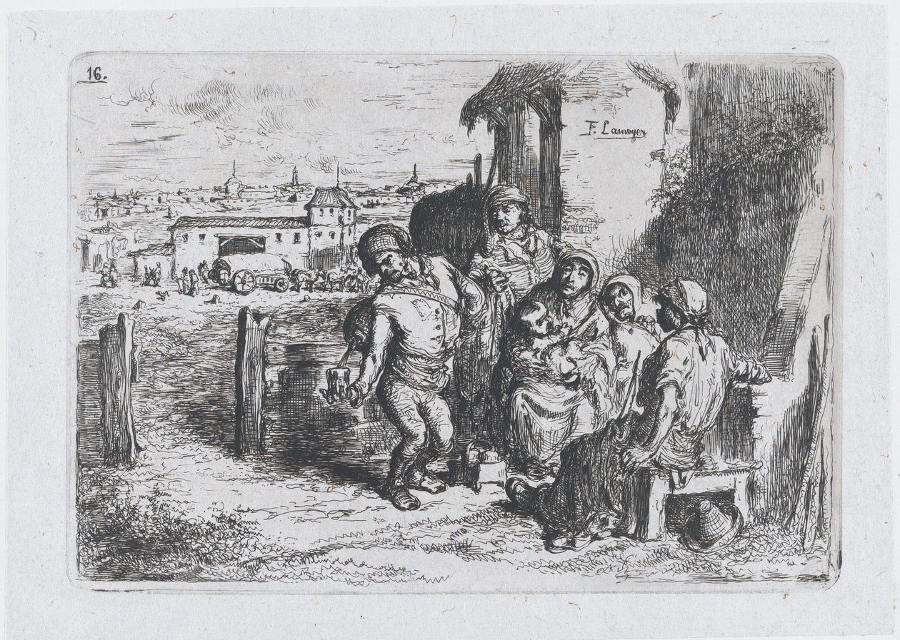 Talíř 16: skupina lidí venku, včetně muže nalévajícího víno nebo vodu z nádoby ..., 1850. od Francisco Lameyer Berenguer