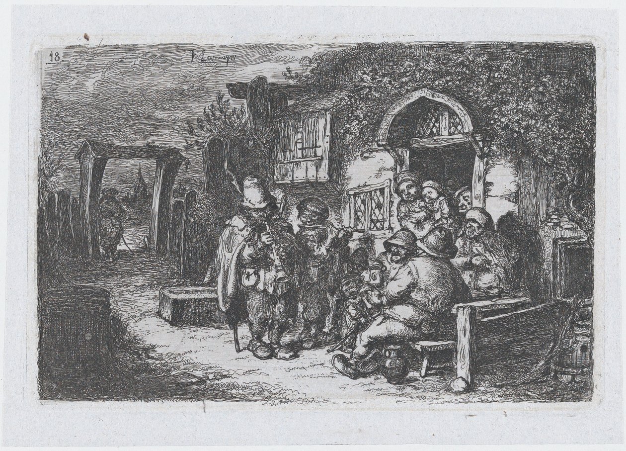 Deska 18: pouliční hudebníci a další postavy mimo krčmu, ze série celníků ..., 1850. od Francisco Lameyer Berenguer