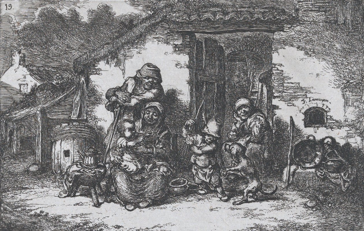 Talíř 19: rodina a chlapec si hrají se psem před domem, ze série Custom..., 1850. od Francisco Lameyer Berenguer