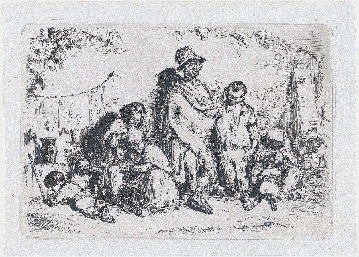 Talíř 2: skupina lidí na ulici, možná žebráci, ze série celnice a..., 1850. od Francisco Lameyer Berenguer