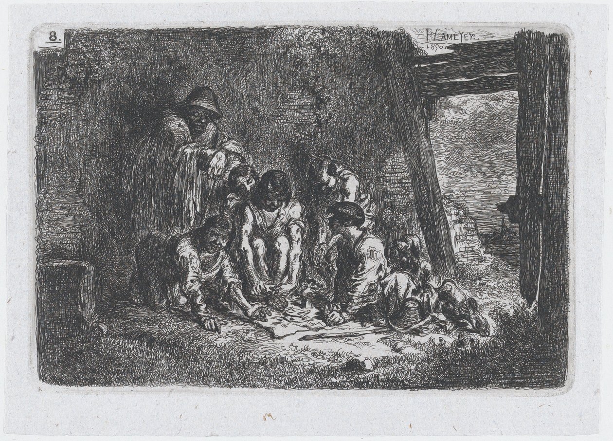 Talíř 8: skupina postav, z nichž některé hrají hru, ze série zvyků a..., 1850. od Francisco Lameyer Berenguer